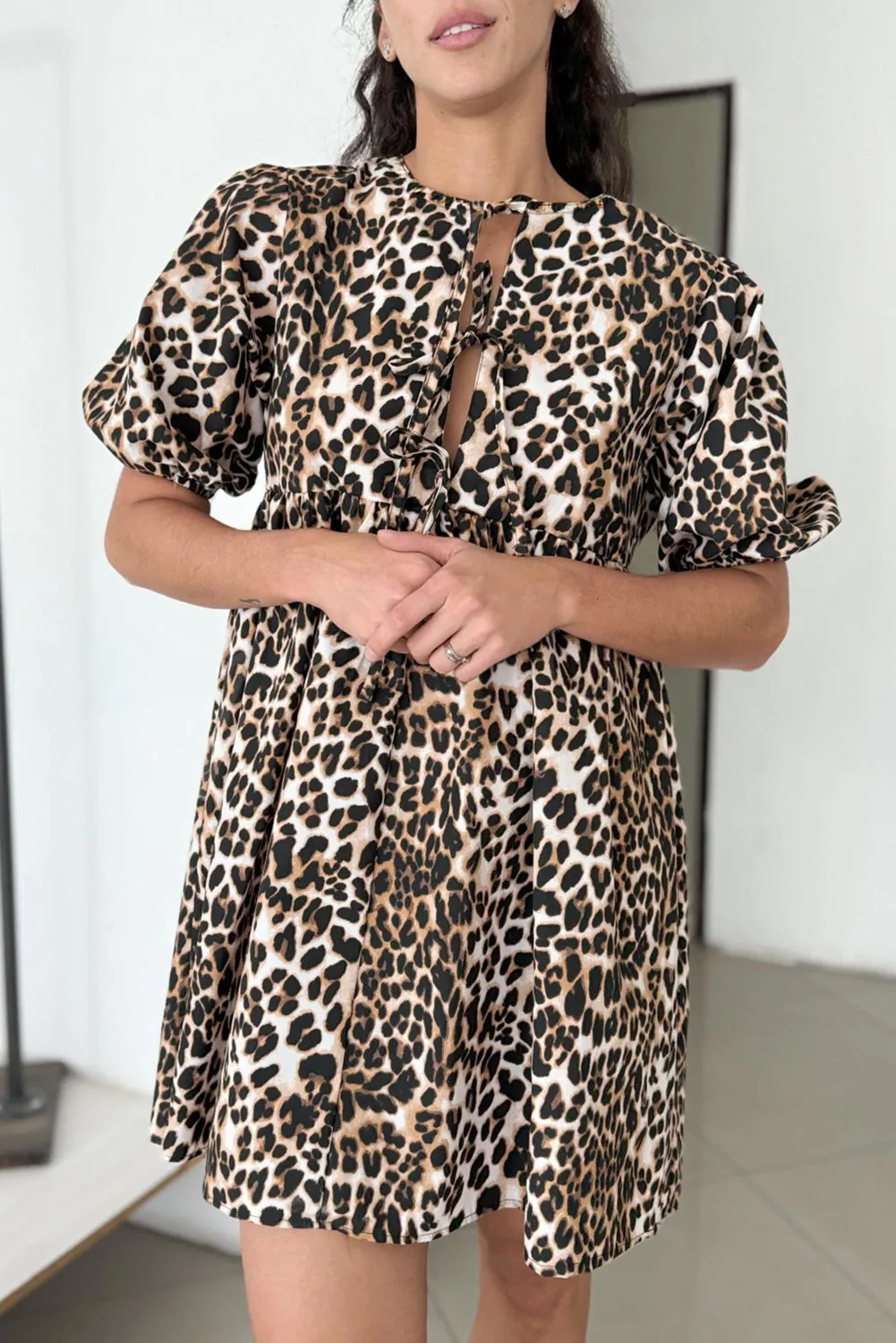 Multicolour Leopard Tie Front Puff Sleeve Short Flared Dress sold by Beagle Boutique product image thumbnail 3