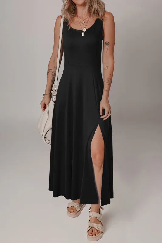 Black Sleeveless Scoop Neck Flared Split Midi Dress sold by Beagle Boutique