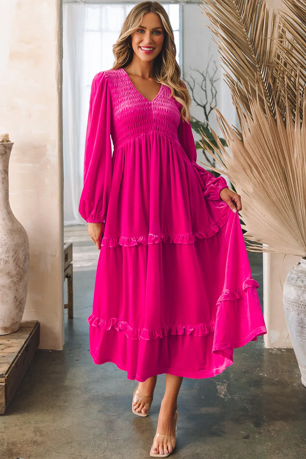 Rose Red Shirred V Neck Long Sleeve Velvet Dress sold by Beagle Boutique