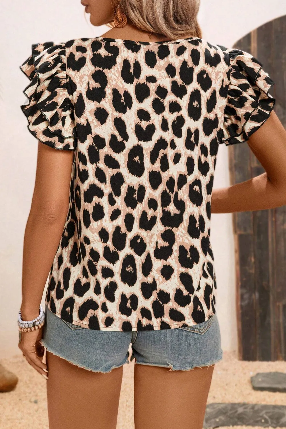 Khaki Leopard Print Layered Ruffled Short Sleeve Blouse sold by Beagle Boutique product image thumbnail 2