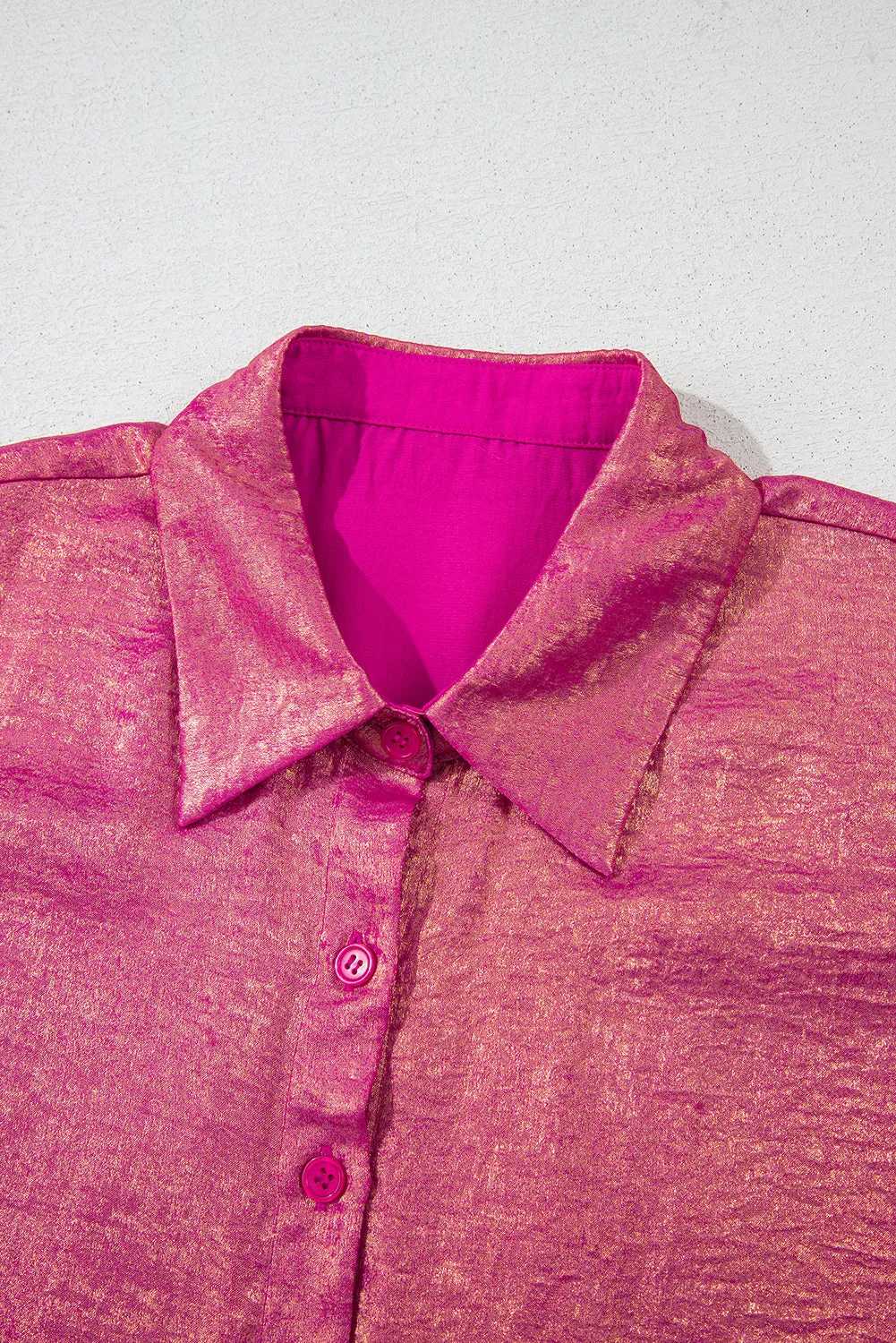Rose Red Metallic Sheen Short Sleeve Buttoned Front Casual Shirt sold by Beagle Boutique product image thumbnail 5