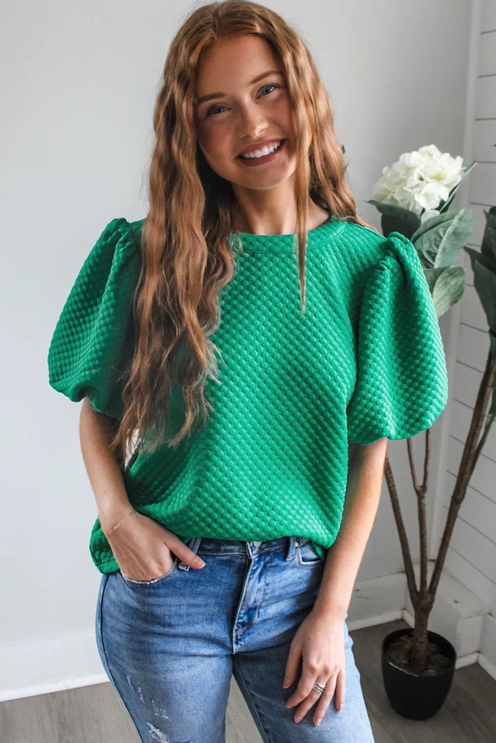 Sea Green Solid Textured O Neck Puff Sleeve Blouse sold by Beagle Boutique product image thumbnail 4