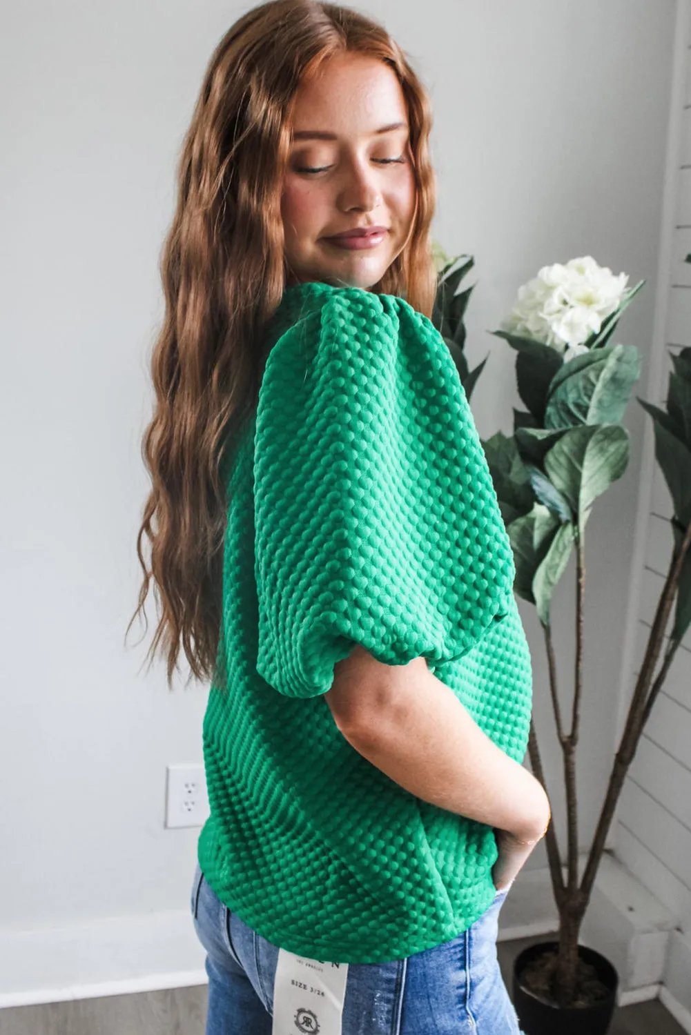 Sea Green Solid Textured O Neck Puff Sleeve Blouse sold by Beagle Boutique product image thumbnail 2