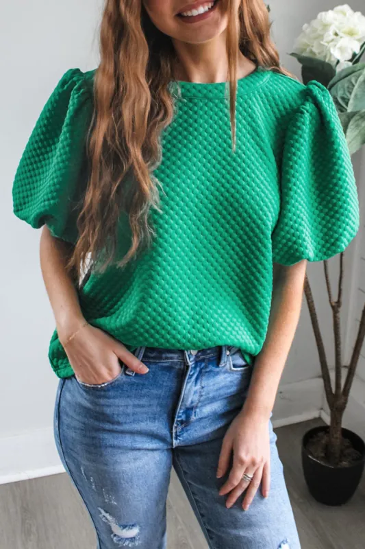 Sea Green Solid Textured O Neck Puff Sleeve Blouse sold by Beagle Boutique