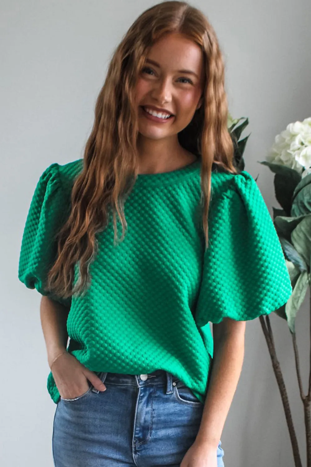 Sea Green Solid Textured O Neck Puff Sleeve Blouse sold by Beagle Boutique product image thumbnail 3