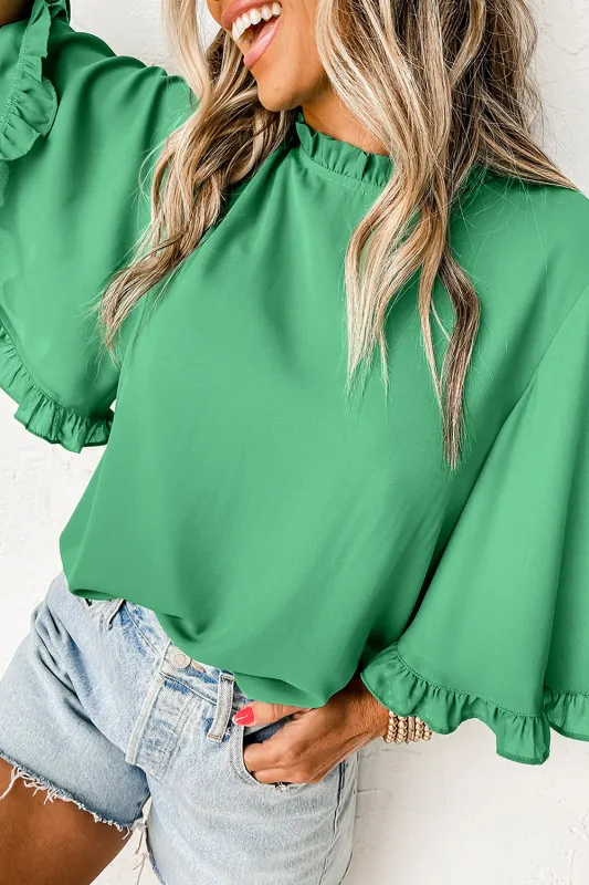 Green Frilly Round Neck Wide Half Sleeve Blouse sold by Beagle Boutique