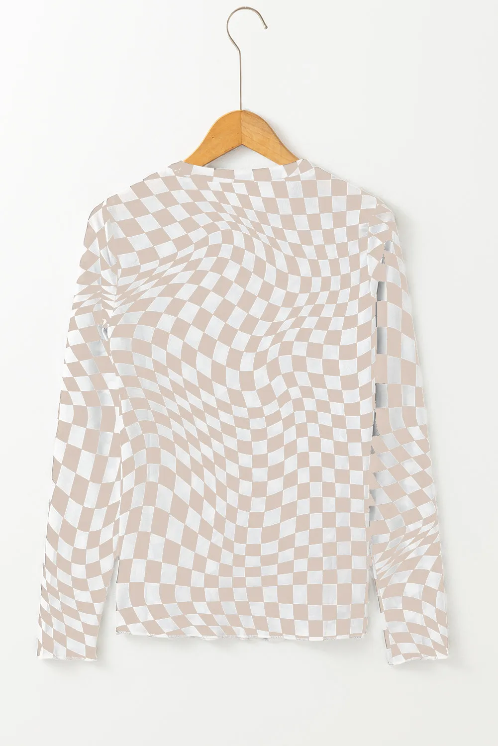 Khaki Checkered Pattern Mesh Mock Neck Long Sleeve Top sold by Beagle Boutique product image thumbnail 5