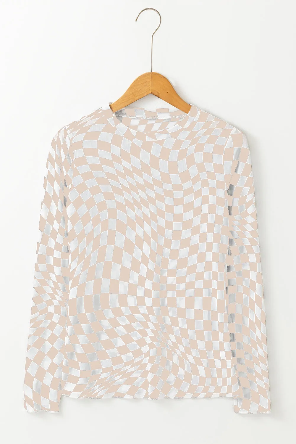 Khaki Checkered Pattern Mesh Mock Neck Long Sleeve Top sold by Beagle Boutique product image thumbnail 4