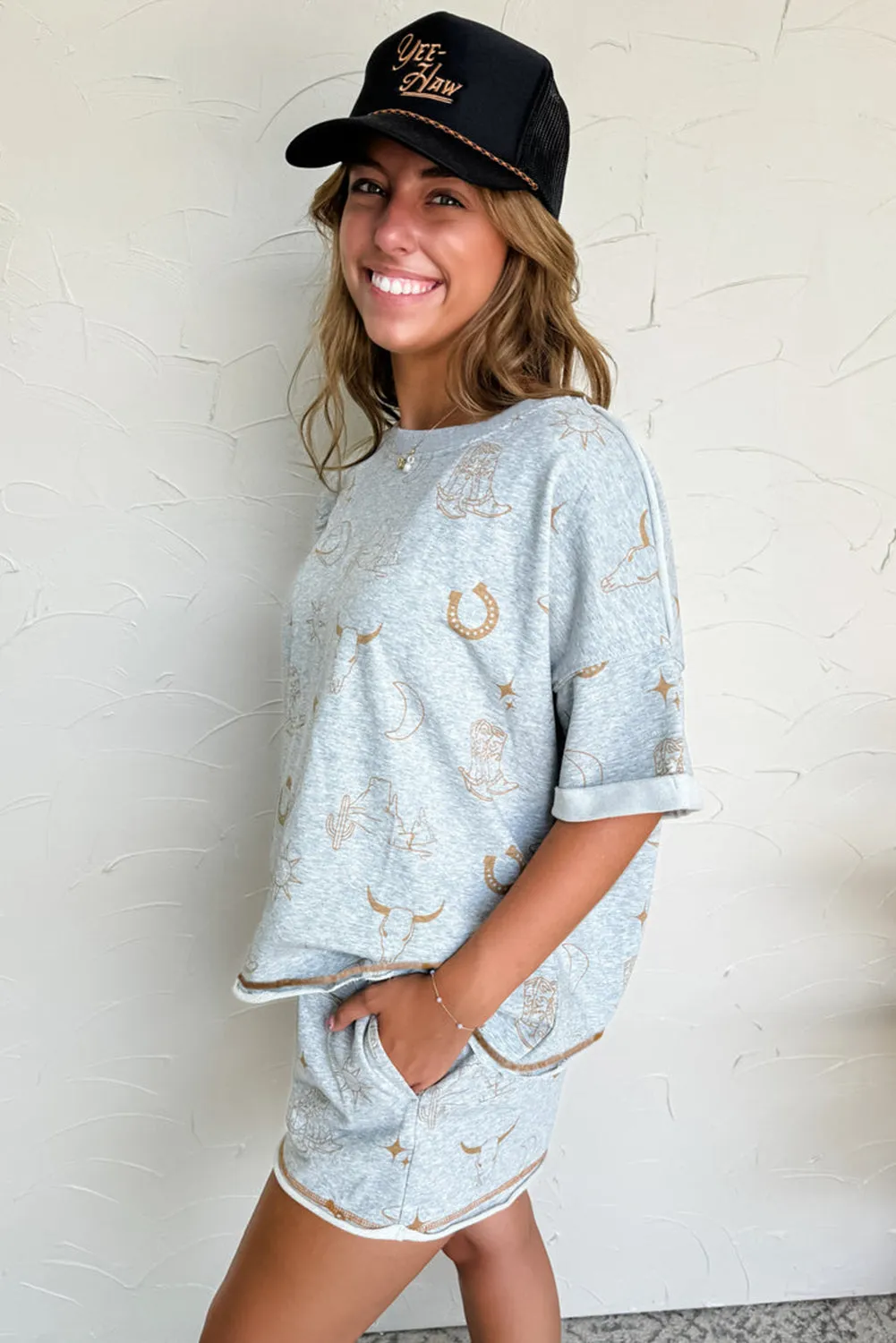 Gray Western Fashion Printed T Shirt Elastic Waist Shorts Set sold by Beagle Boutique product image thumbnail 2