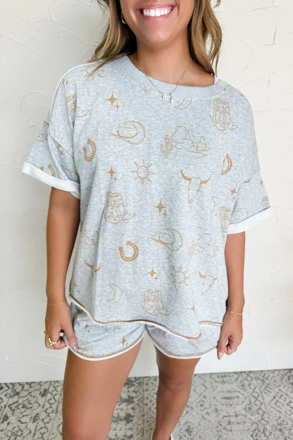 Gray Western Fashion Printed T Shirt Elastic Waist Shorts Set sold by Beagle Boutique product image thumbnail 3
