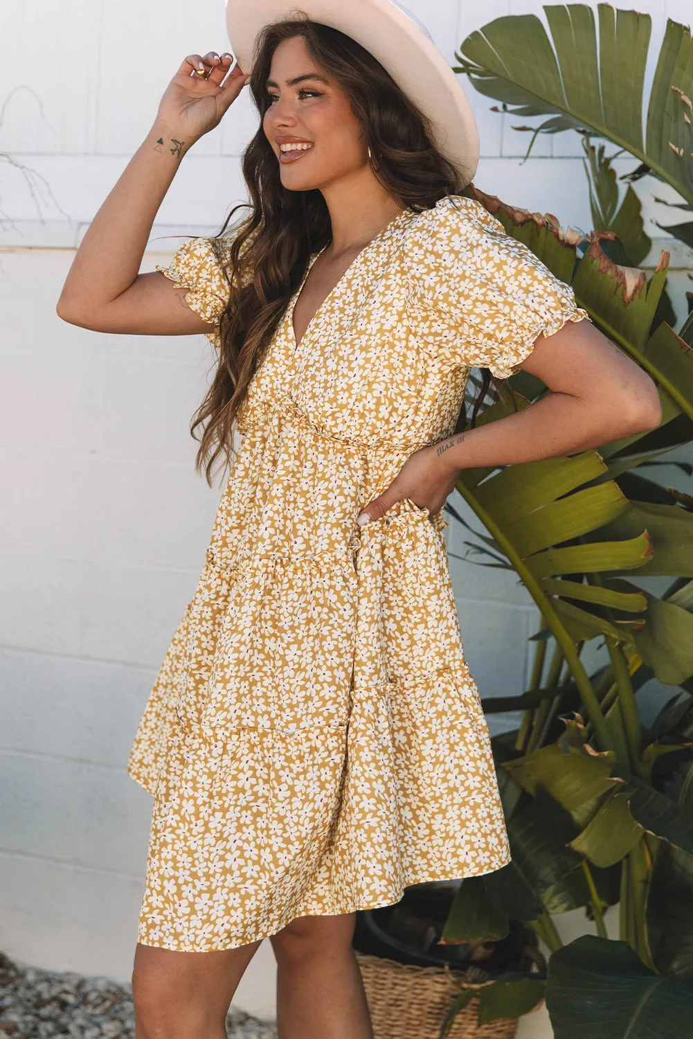 Yellow Floral Short Sleeve V Neck Frilly Tiered Mini Dress sold by Beagle Boutique product image thumbnail 3