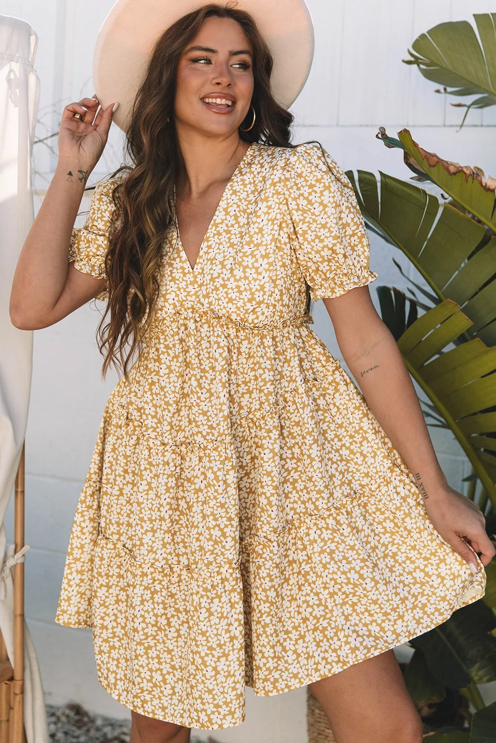 Yellow Floral Short Sleeve V Neck Frilly Tiered Mini Dress sold by Beagle Boutique product image thumbnail 5