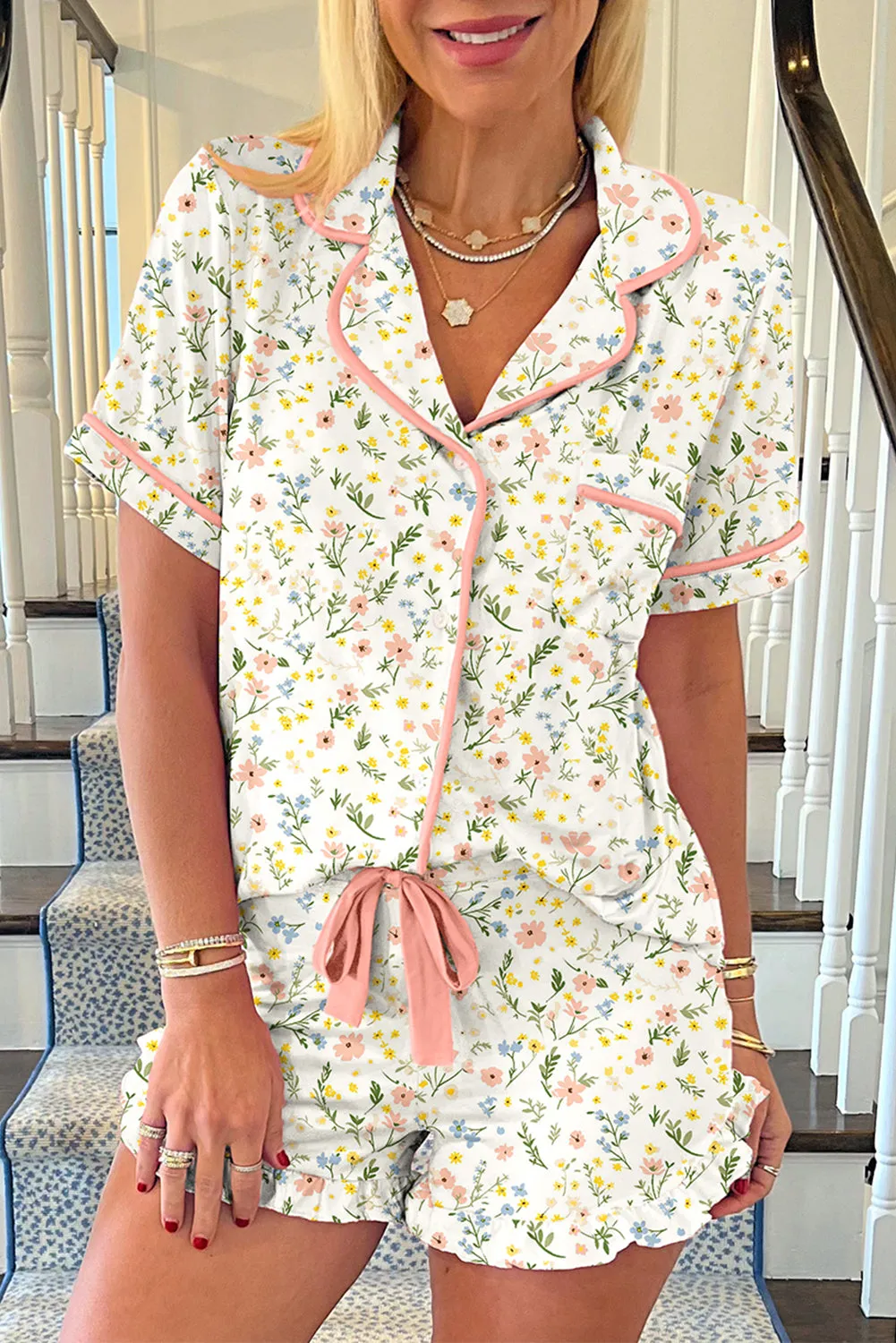 White Floral Print Contrast Pipping Short Pyjamas Set sold by Beagle Boutique