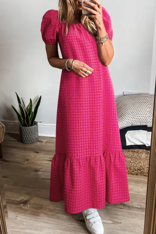 Rose Ginham Check Bubble Sleeve Ruffled Maxi Dress sold by Beagle Boutique
