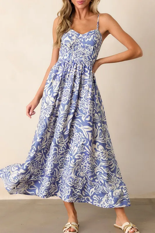 Sky Blue Floral Print Spaghetti Strap High Waist Maxi Dress sold by Beagle Boutique