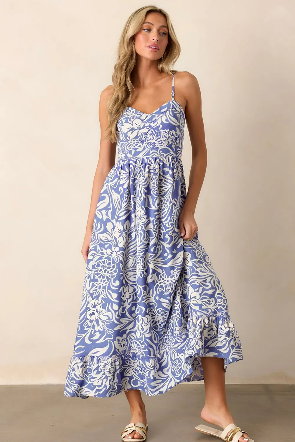 Sky Blue Floral Print Spaghetti Strap High Waist Maxi Dress sold by Beagle Boutique product image thumbnail 3