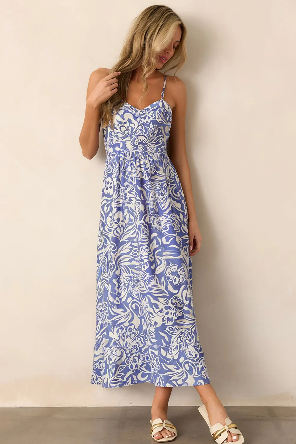 Sky Blue Floral Print Spaghetti Strap High Waist Maxi Dress sold by Beagle Boutique product image thumbnail 5