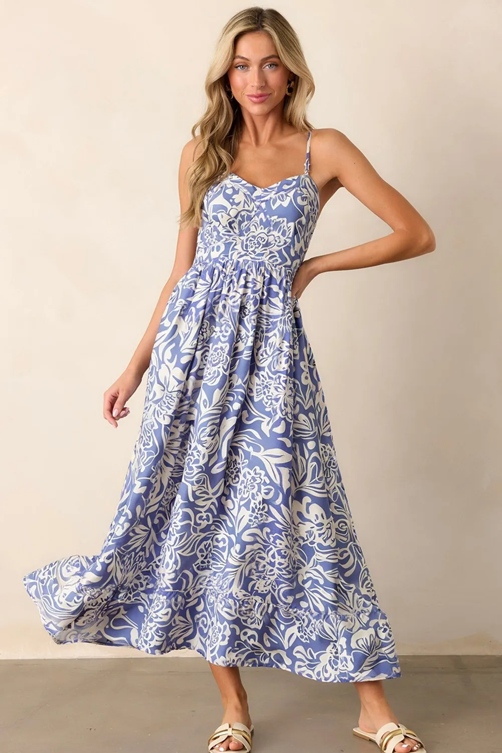 Sky Blue Floral Print Spaghetti Strap High Waist Maxi Dress sold by Beagle Boutique product image thumbnail 4