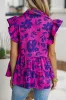 Rose Floral Print Collared Button Neckline Flutter Sleeve Blouse sold by Beagle Boutique
