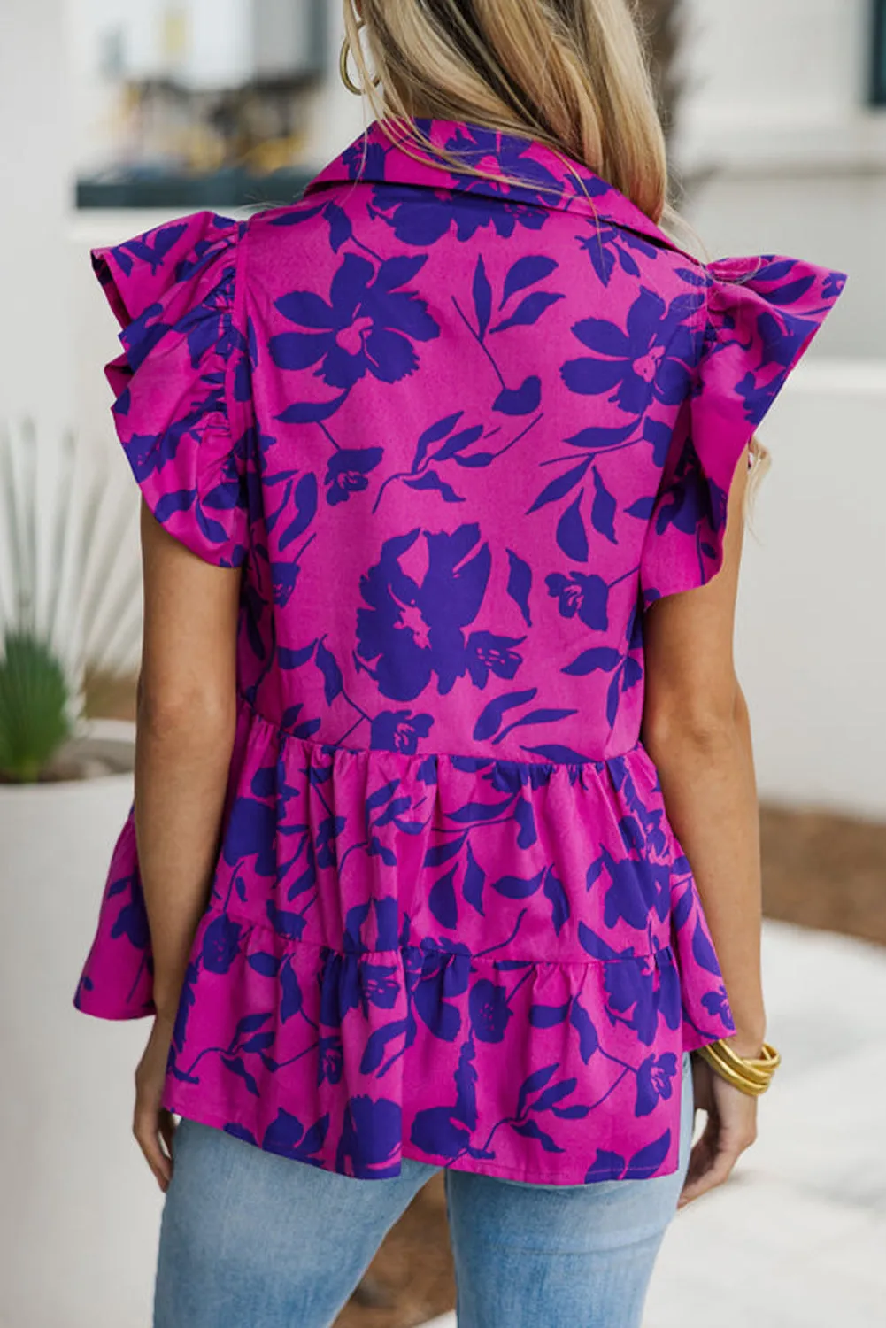 Rose Floral Print Collared Button Neckline Flutter Sleeve Blouse sold by Beagle Boutique product image thumbnail 2