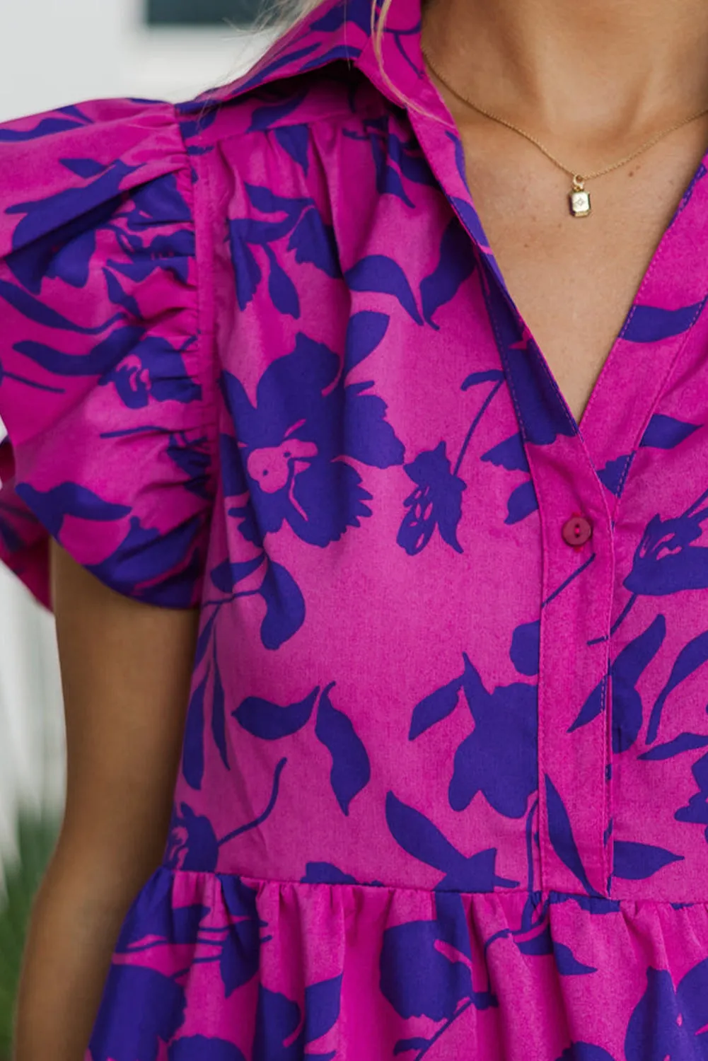 Rose Floral Print Collared Button Neckline Flutter Sleeve Blouse sold by Beagle Boutique product image thumbnail 4