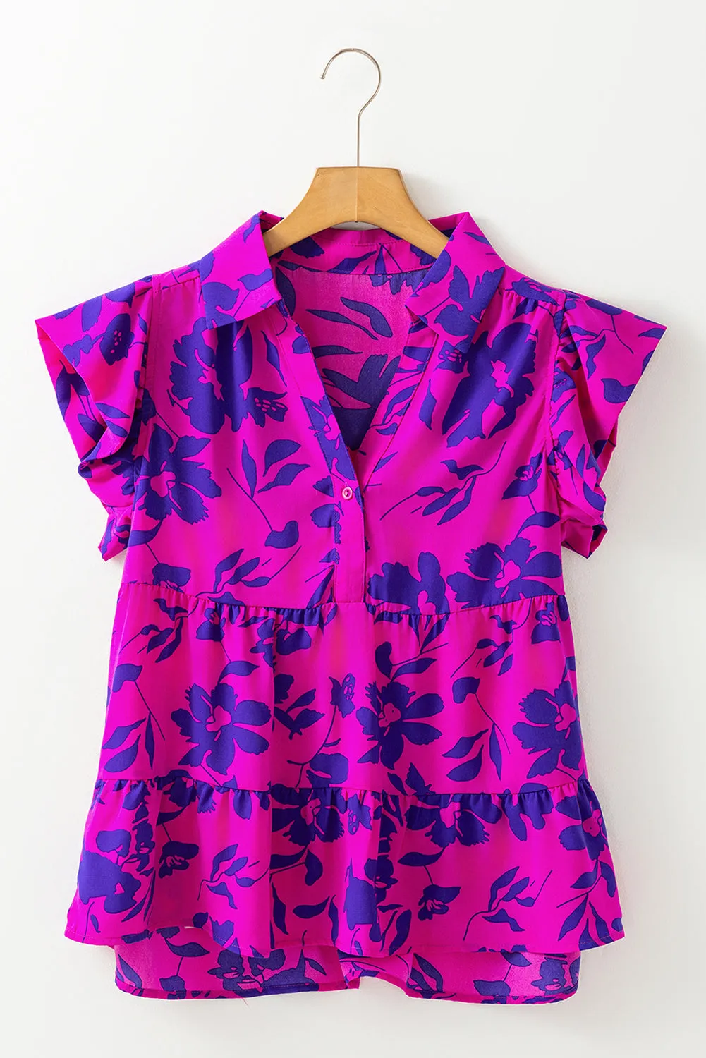 Rose Floral Print Collared Button Neckline Flutter Sleeve Blouse sold by Beagle Boutique product image thumbnail 5