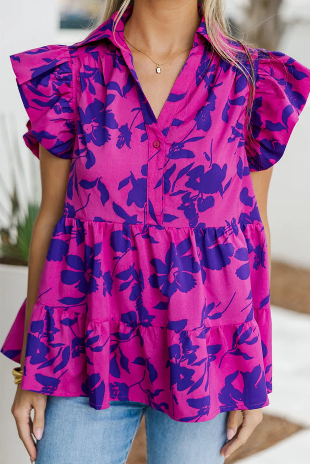 Rose Floral Print Collared Button Neckline Flutter Sleeve Blouse sold by Beagle Boutique product image thumbnail 3