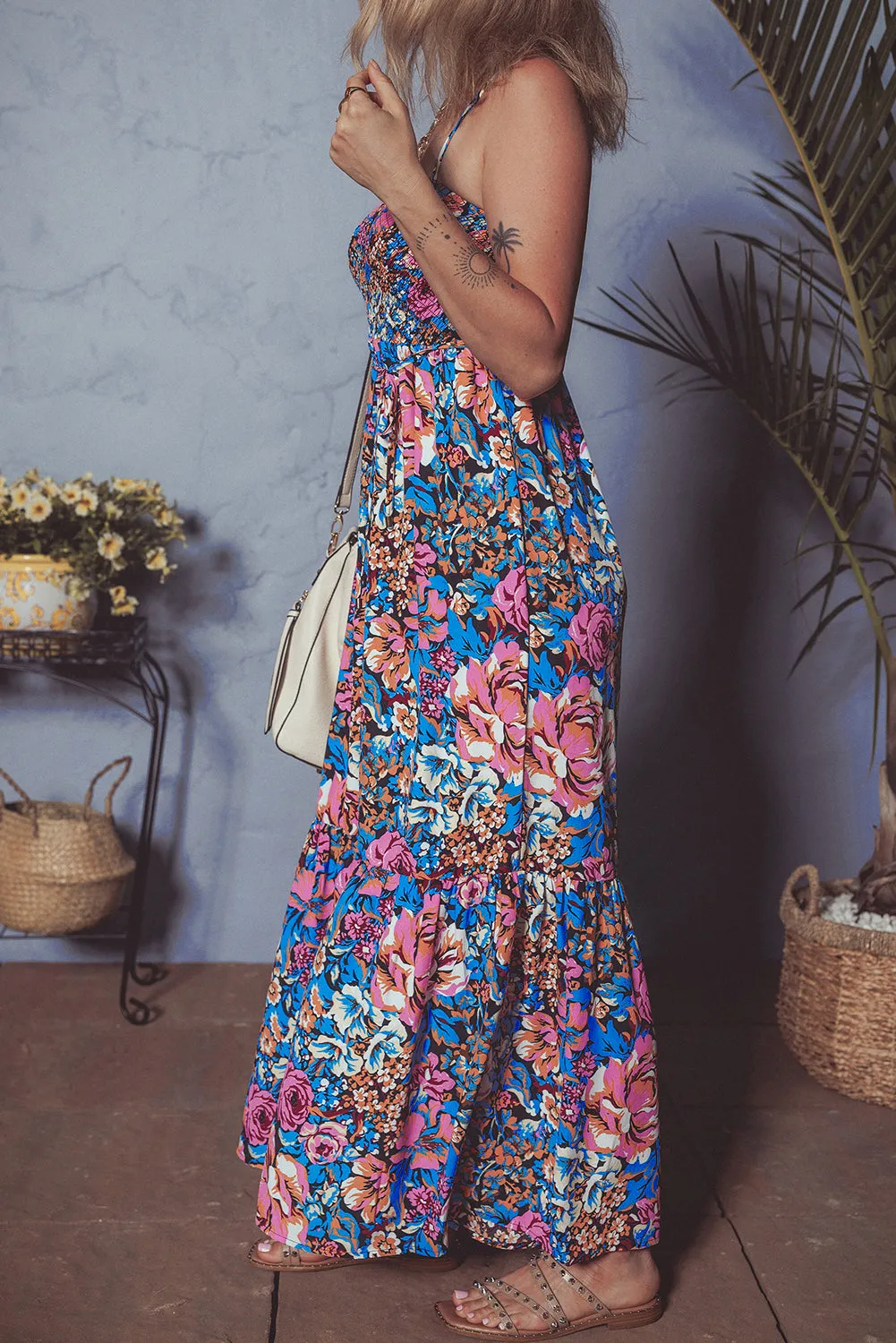 Pink Floral Smocked Bust Spaghetti Straps Wide Leg Jumpsuit sold by Beagle Boutique product image thumbnail 3