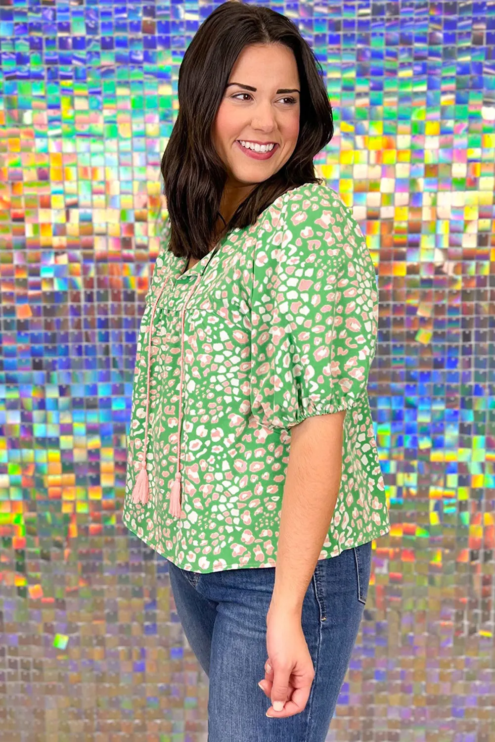 Green Plus Size Floral Tassel Tie Split Neck Puff Sleeve Blouse sold by Beagle Boutique product image thumbnail 3