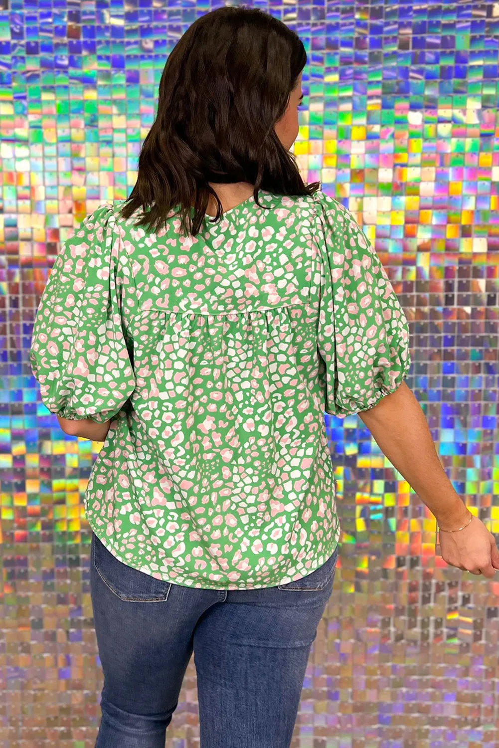 Green Plus Size Floral Tassel Tie Split Neck Puff Sleeve Blouse sold by Beagle Boutique product image thumbnail 2