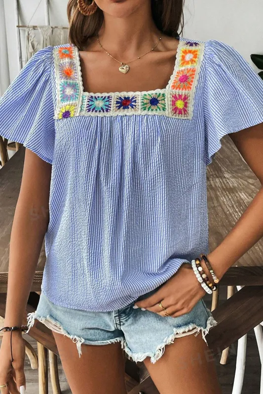 Sky Blue Stripe Textured Ruffle Short Sleeve Boho Detail Square Neck Blouse sold by Beagle Boutique