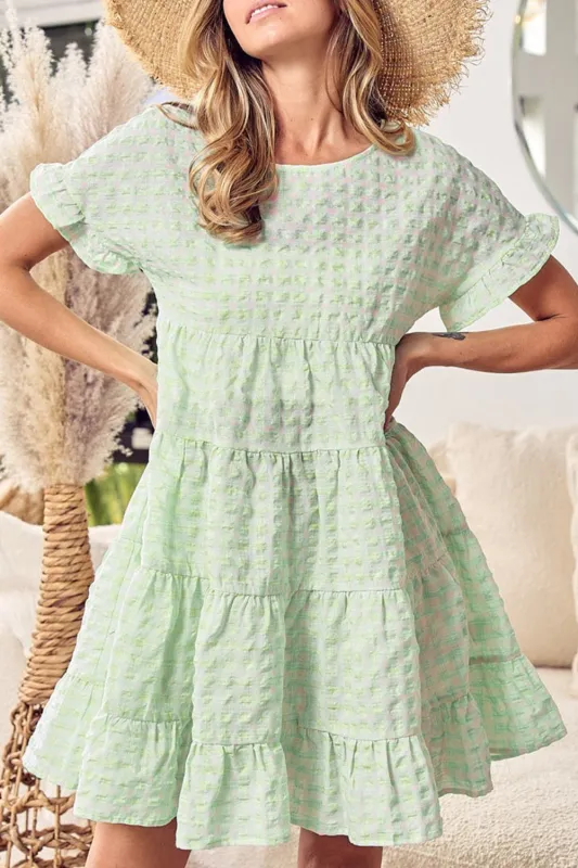 Green Stripe Textured Tiered Short Sleeve Loose Mini Dress sold by Beagle Boutique