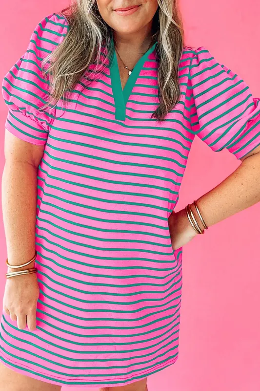 Rose Stripe Collared V Neck Puff Sleeve Shift T Shirt Dress with Pockets sold by Beagle Boutique