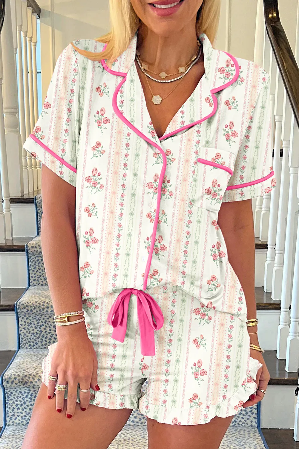 Beige Floral Print Contrast Pipping Short Pyjamas Set sold by Beagle Boutique