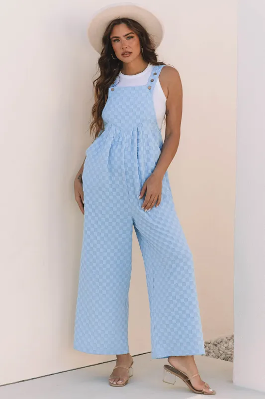 Beau Blue Checkered Pocketed High Waist Wide Leg Overall Dungarees sold by Beagle Boutique