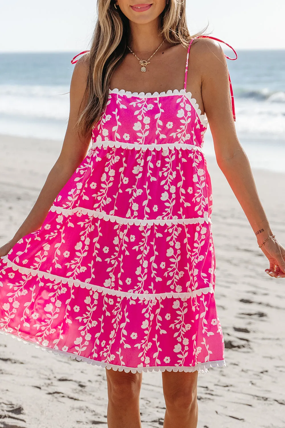 Pink Floral Print Ric Rac Patched Sleeveless Mini Dress sold by Beagle Boutique product image thumbnail 5