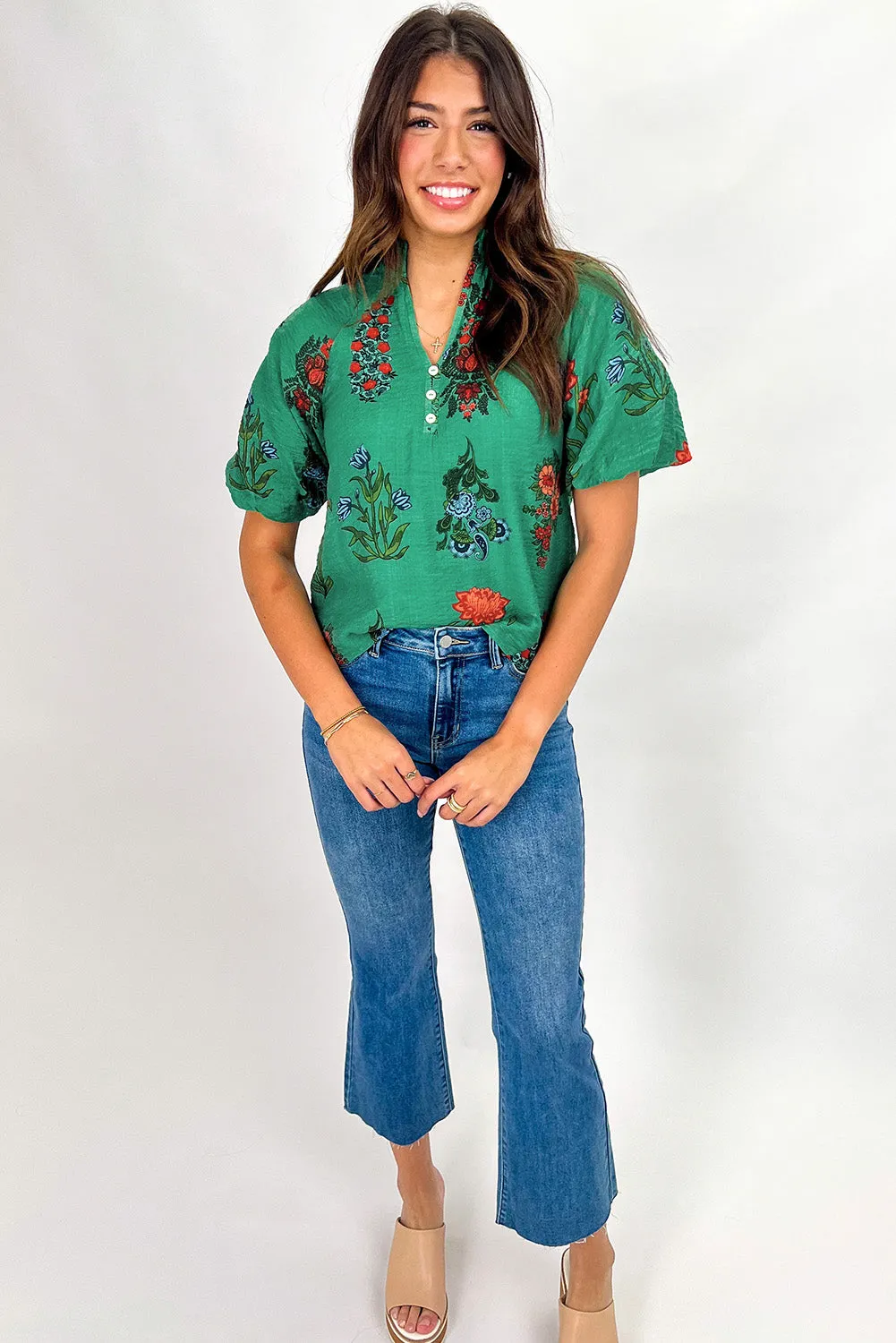 Bright Green Floral Print Buttoned V Neck Short Sleeve Blouse sold by Beagle Boutique product image thumbnail 4