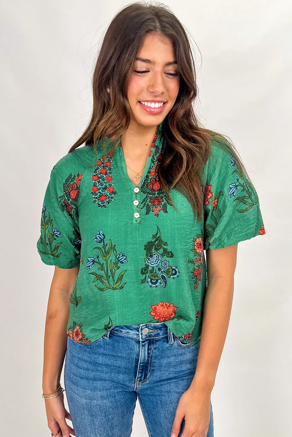 Bright Green Floral Print Buttoned V Neck Short Sleeve Blouse sold by Beagle Boutique product image thumbnail 3