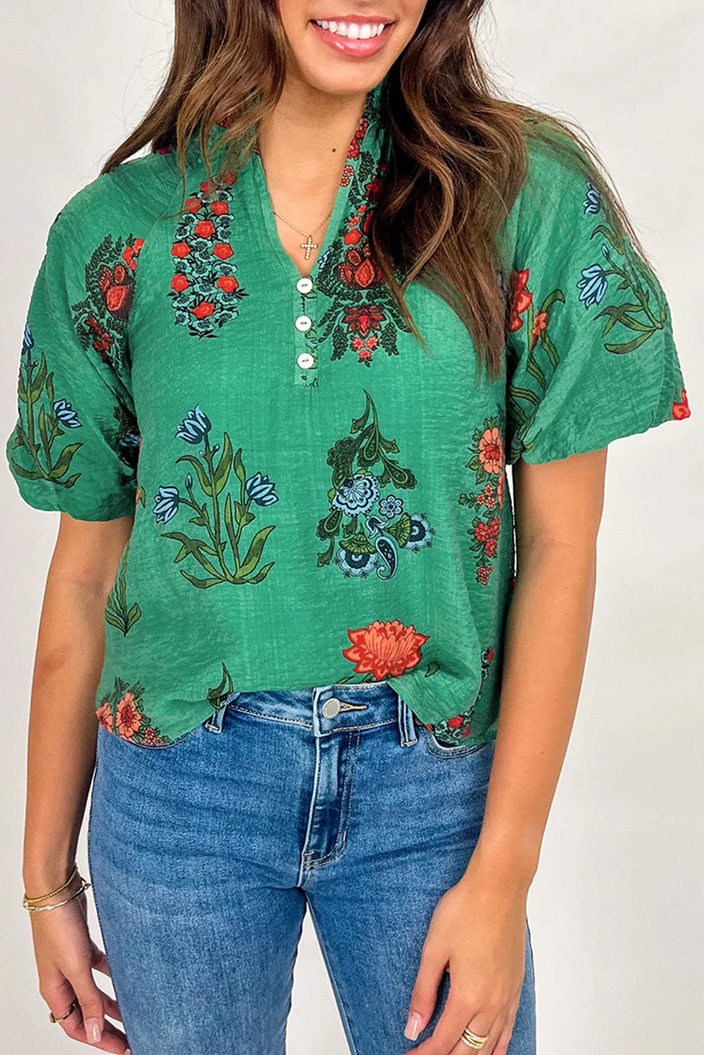 Bright Green Floral Print Buttoned V Neck Short Sleeve Blouse sold by Beagle Boutique