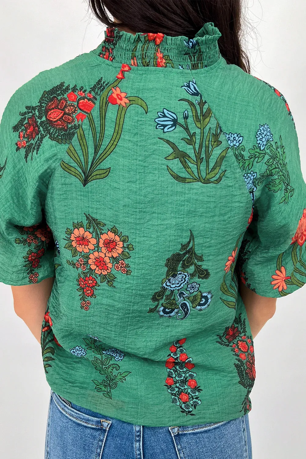 Bright Green Floral Print Buttoned V Neck Short Sleeve Blouse sold by Beagle Boutique product image thumbnail 2