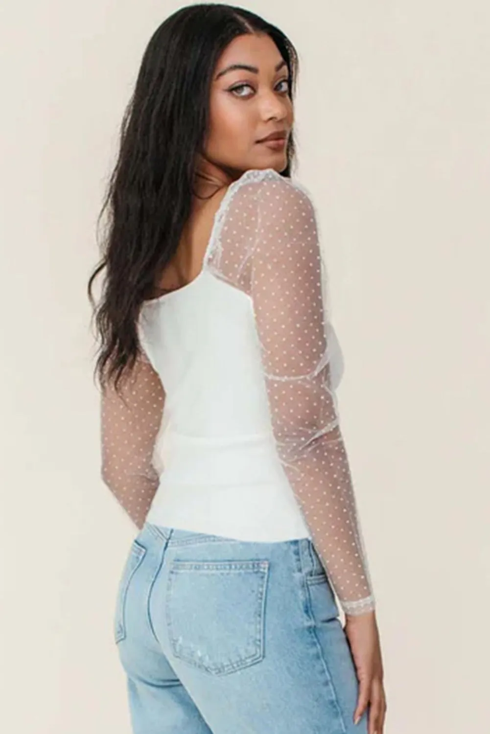 White Swiss Dot Mesh Long Sleeve Square Neck Slim Top sold by Beagle Boutique product image thumbnail 2