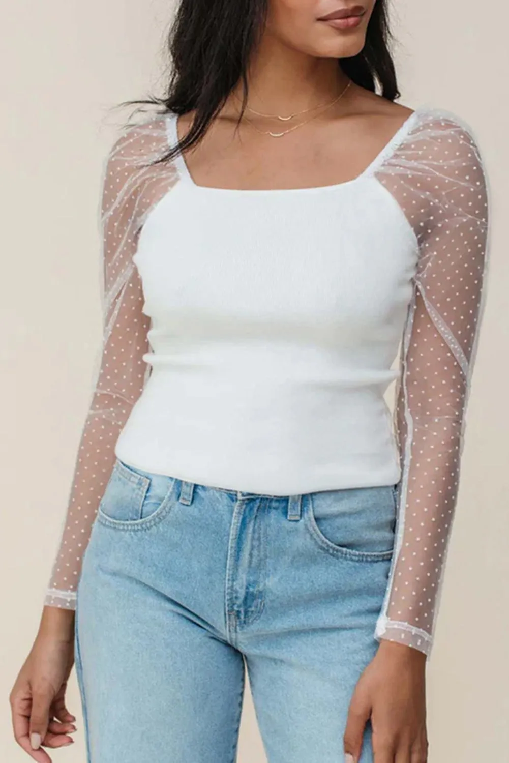 White Swiss Dot Mesh Long Sleeve Square Neck Slim Top sold by Beagle Boutique product image thumbnail 3