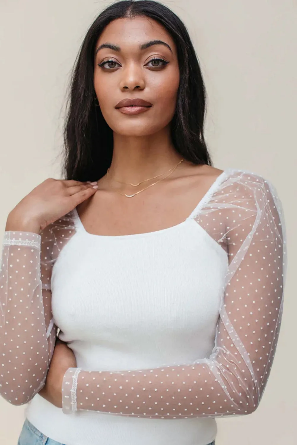 White Swiss Dot Mesh Long Sleeve Square Neck Slim Top sold by Beagle Boutique product image thumbnail 4