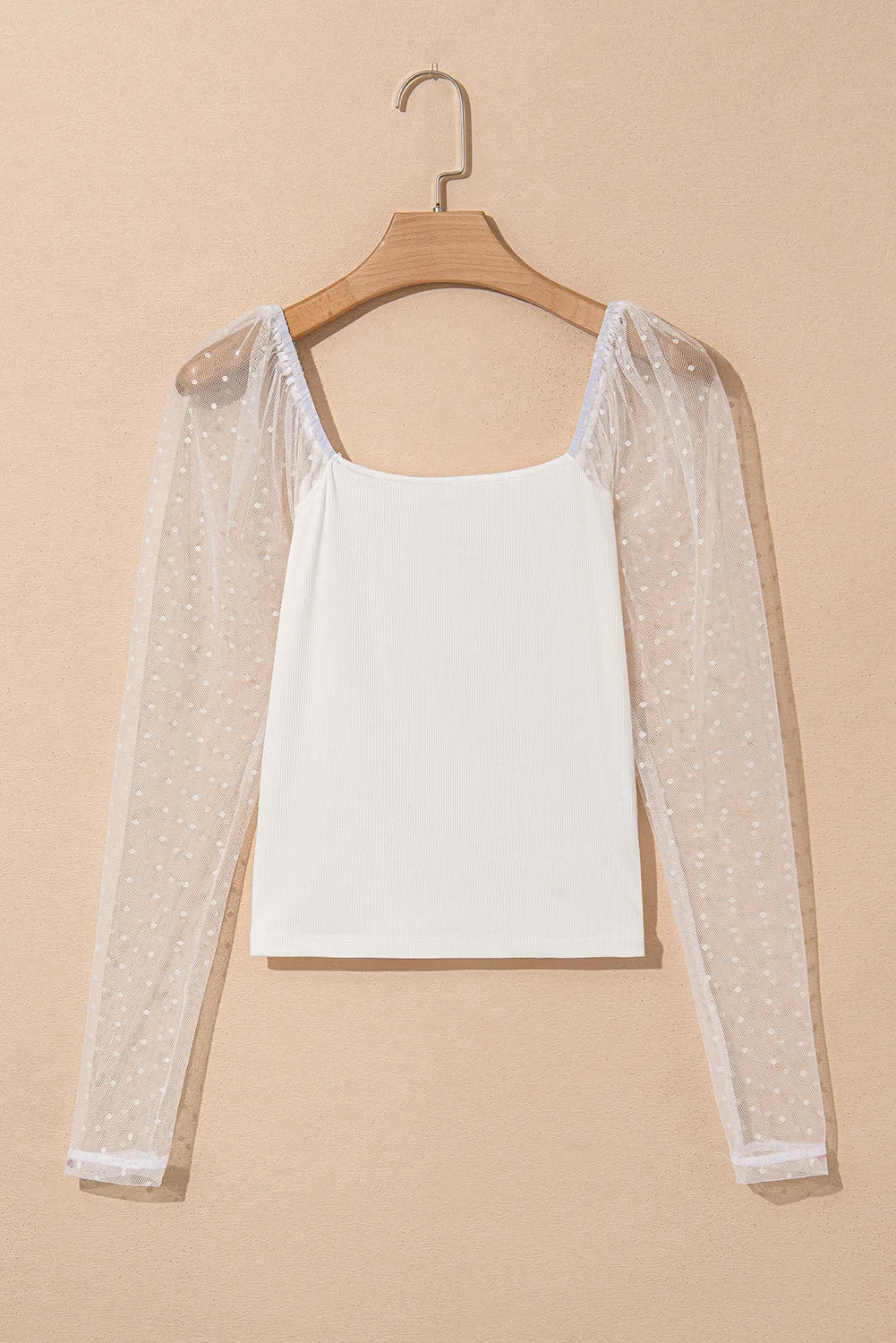 White Swiss Dot Mesh Long Sleeve Square Neck Slim Top sold by Beagle Boutique product image thumbnail 5