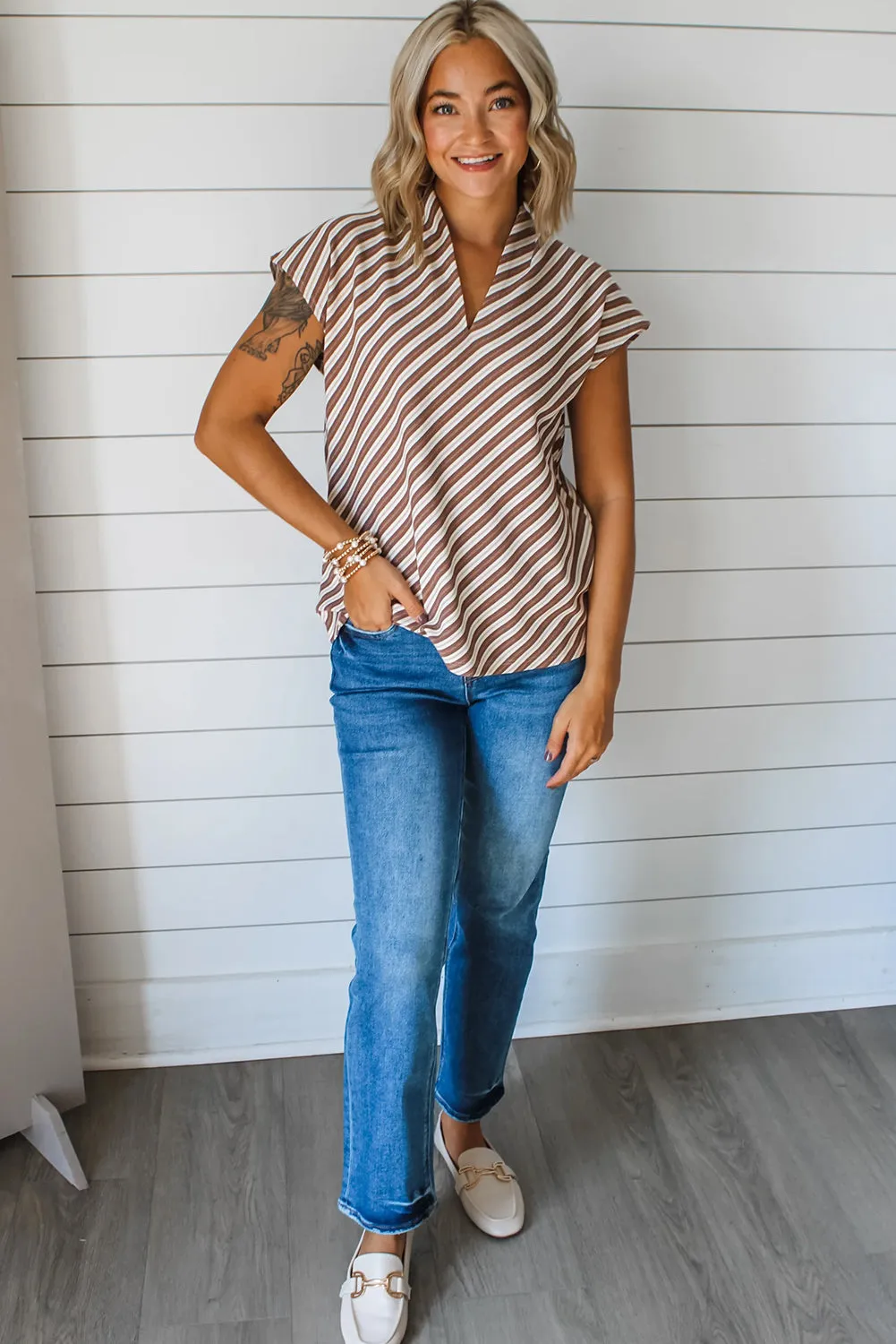 Chestnut Striped Stand V Neck Short Sleeve Blouse sold by Beagle Boutique product image thumbnail 3