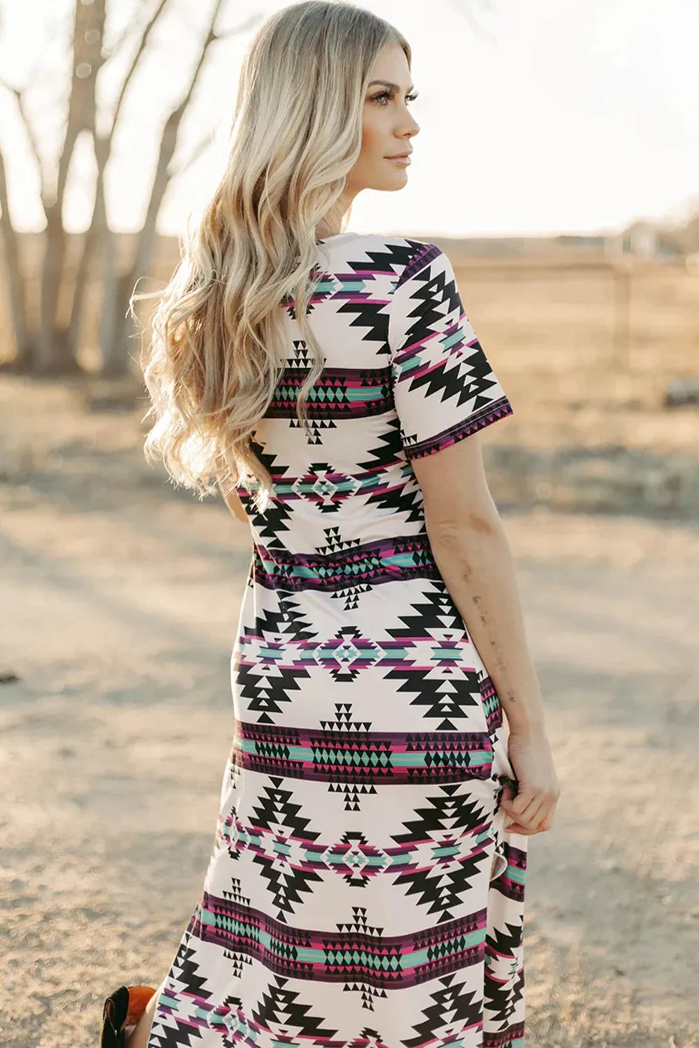 Beige Western Aztec Printed Long T-shirt Dress sold by Beagle Boutique product image thumbnail 2