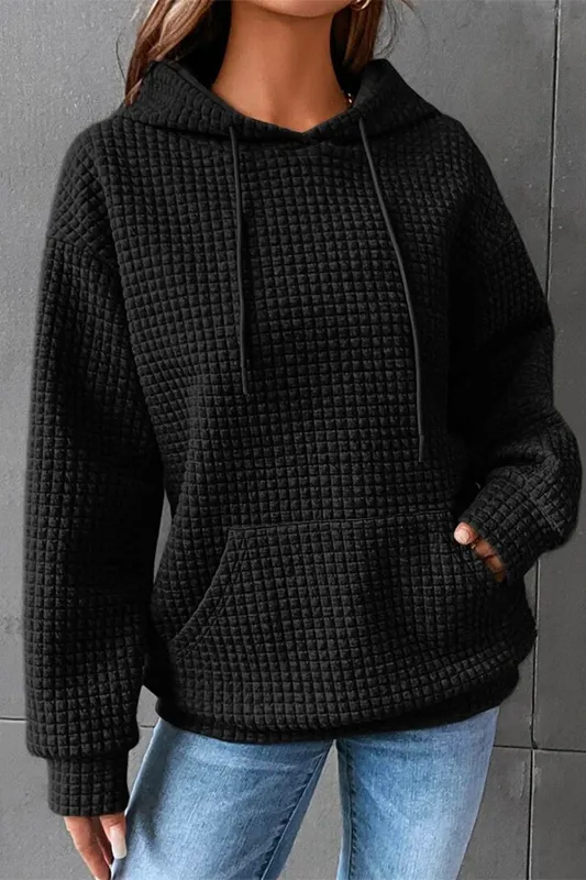 Black Quilted Kangaroo Pocket Drawstring Hoodie sold by Beagle Boutique