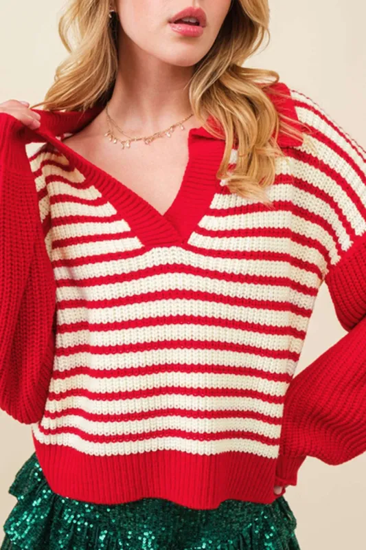 Red Stripe Lantern Sleeve V Neck Collared Drop Shoulder Sweater made by Beagle Boutique
