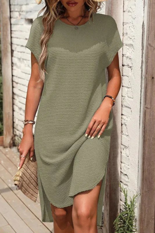 Jungle Green Waffle Texture Curved Hem Side Slit T-shirt Dress sold by Beagle Boutique