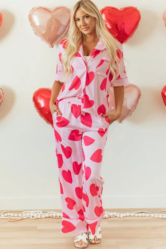 Pink Classic Heart Valentines Short Sleeve Trousers Pyjamas Set sold by Beagle Boutique